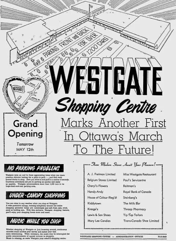 An old newspaper clipping advertising the opening of Westgate Shopping Centre in May 1955.