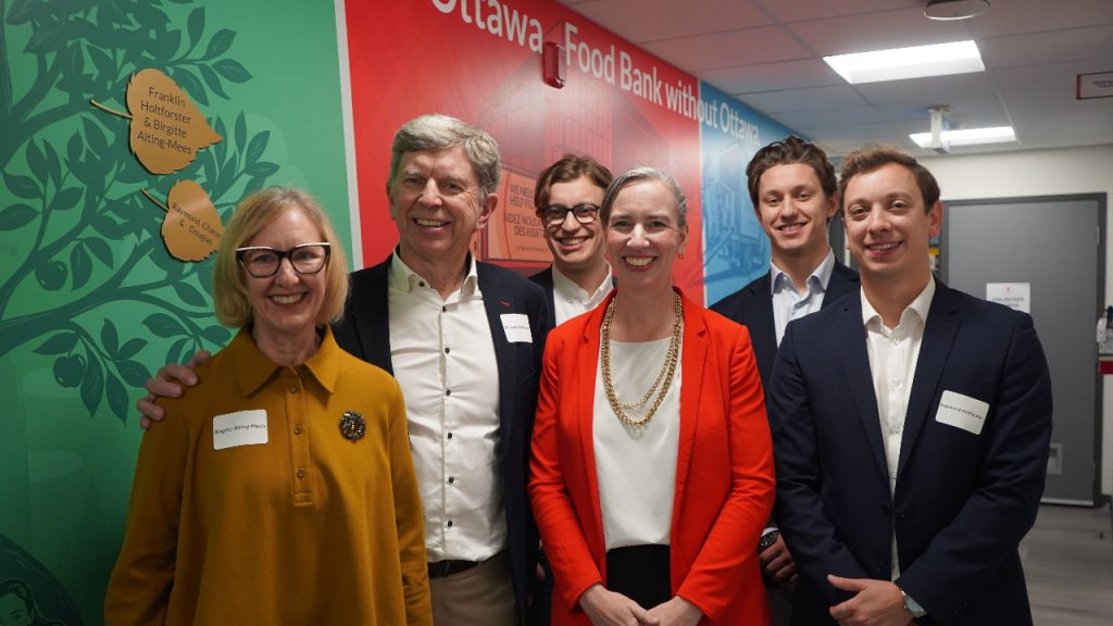 Franklin Holtforster, his wife Birgitte Alting-Mees and their sons have made a record-breaking $2.5 million donation to the Ottawa Food Bank. From left to right: Birgitte Alting-Mees; Frankling Holtforster; son Charles Holtforster; Ottawa Food Bank CEO Rachael Wilson; son Douglas Holtforster; and son Raymond Holtforster. Photo supplied.