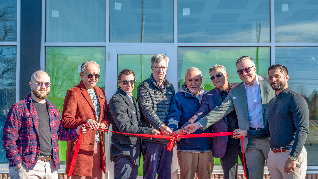 Community leaders come together for the ribbon-cutting ceremony at Dunrobin Plaza on Oct. 29, 2025. From left to right: Elias Tayar, Wadah Al-Ghosen, Kelly Clarke, Jim Watson, Eli El-Chantiry, Ratib Okal, Georges Tayar, Alie Mansour. Photo provided by Wadah Al-Ghosen.