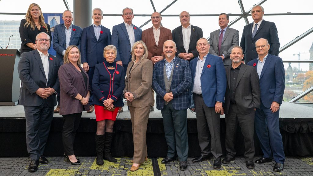 Past presidents of BOMA Ottawa were out in force at the Industry Luncheon on Nov. 5, 2025 at Rogers Centre. Back row from left to right: Jen Arbuckle, Jan Haubrich, Michael Zanon, Phil Marcella, John Page, Franco Falbo, Rick Farano, and Gilles Landriault. Front row from left to right: Stephen Nicoletti, Erin Nagy, Shirely Westeinde, Nicole Nault-Smith, Pierre Azzi, Bernard St-Onge, Brian Roberts, and Gillie Vered. Photo by Mark Holleron.