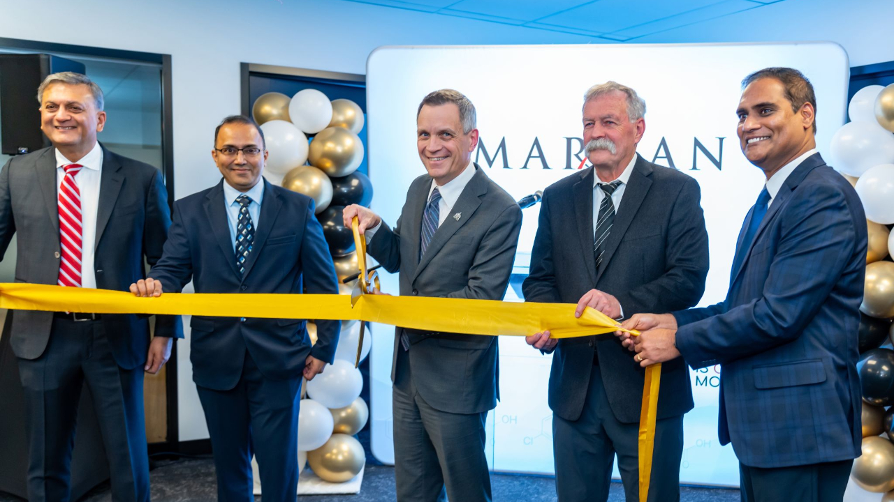 The grand opening ceremony for Marcan Pharmaceuticals new office at 2 Gurdwara Road this month. From left to right: Atul Aggarwal, vice chair and founder; Tajuddin Shaikh, CFO at Marcan; Ottawa Mayor Mark Sutcliffe; Jim Keon, president of the Canadian Generic Pharmaceutical Association; and Sudheer Paladugu, president and CEO of Marcan. Photo from Marcan Pharmaceuticals on LinkedIn.