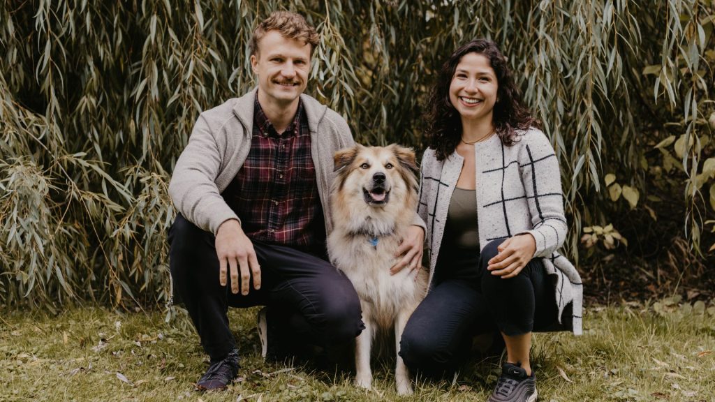 Fuzz Bomb Collages founders Damian Polan and Marysol Madrazo, with Mr. Toby, their dog and CEO. Photo supplied