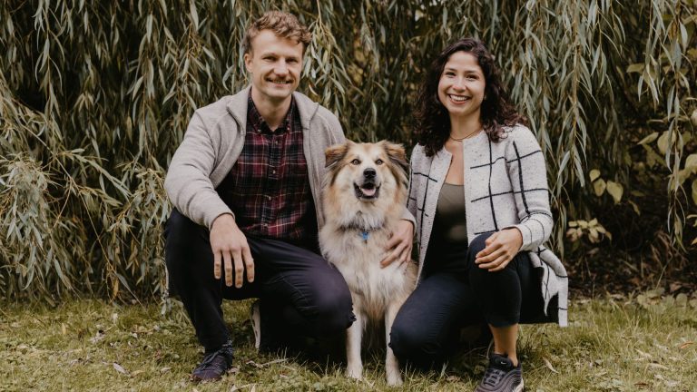 Fuzz Bomb Collages founders Damian Polan and Marysol Madrazo, with Mr. Toby, their dog and CEO. Photo supplied
