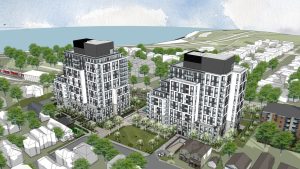 A rendering of a proposed development that would include two residential towers. Image credit: Hobin Architecture