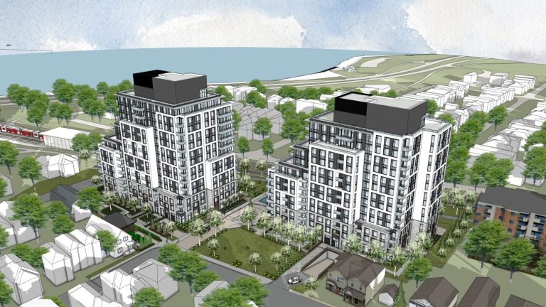 A rendering of a proposed development that would include two residential towers. Image credit: Hobin Architecture