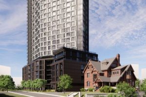 A 28-storey residential building has been proposed at 593 and 601 Laurier Ave, across the street from LeBreton Flats. Rendering supplied by Project1 Studio.