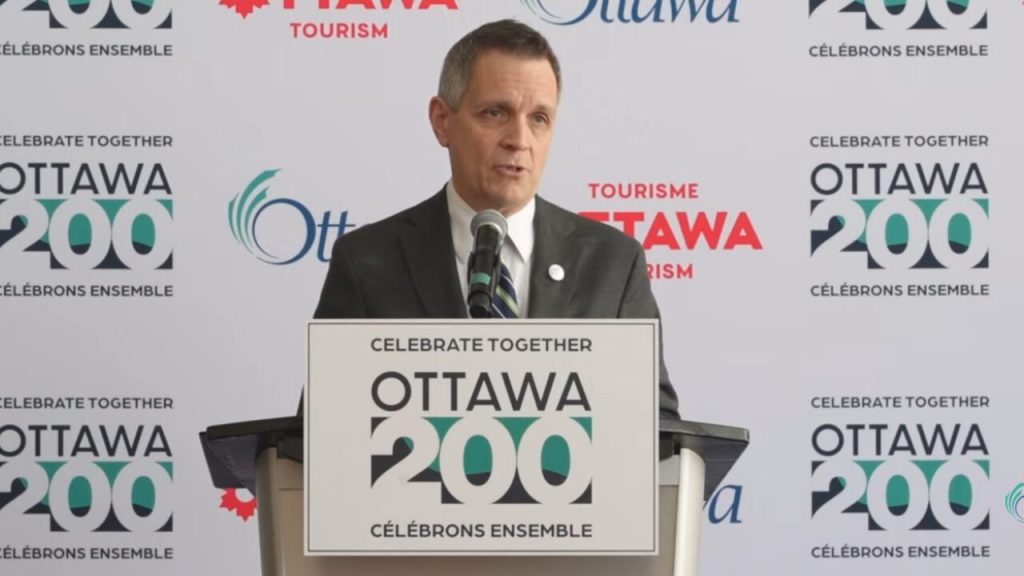 Mayor Mark Sutcliffe announces events and funding to highlight Ottawa's 200th anniversary. Photo taken from event livestream.