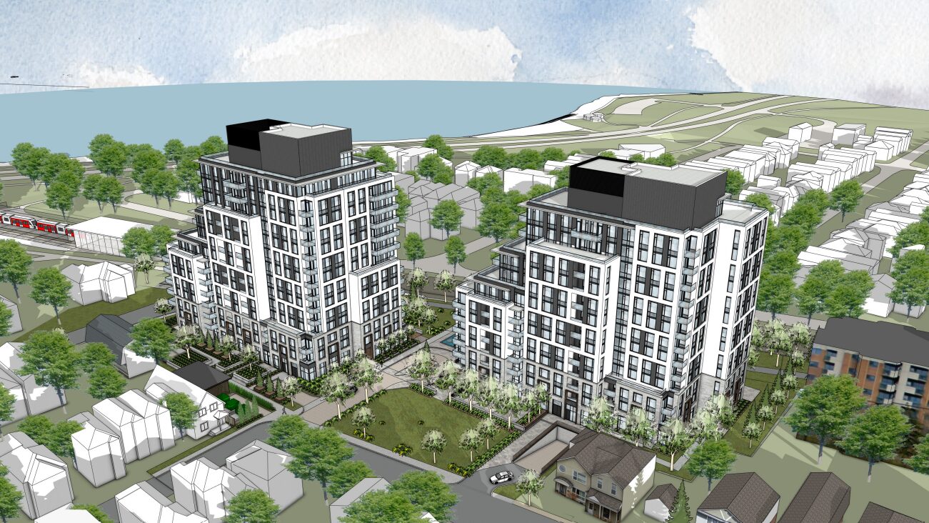 A rendering of a proposed development that would include two residential towers. Image credit: Hobin Architecture