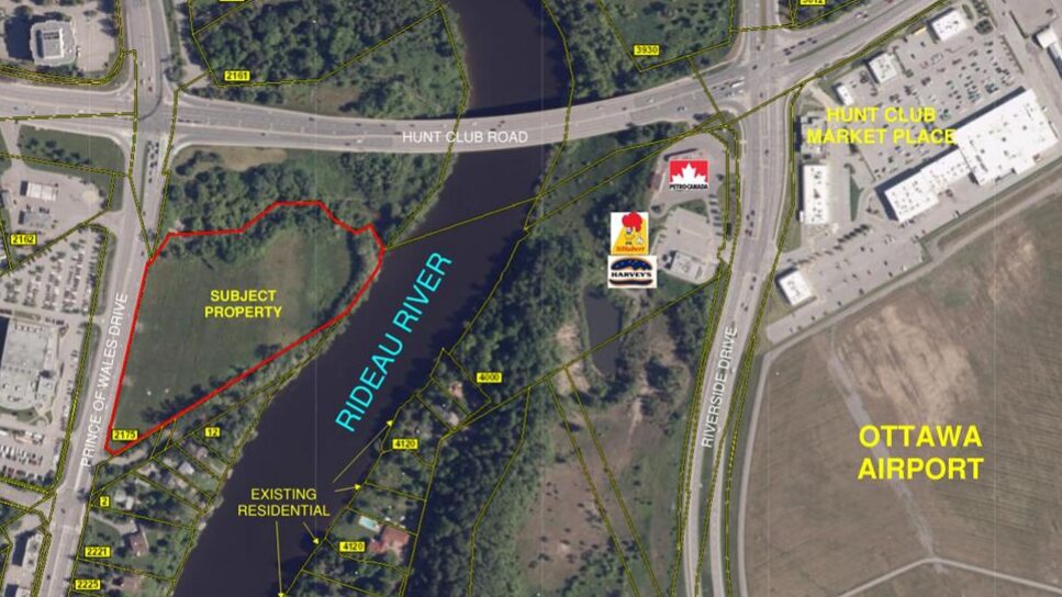 An aerial view of 2175 Prince of Wales Dr. with the Ottawa airport to the east. Image credit: GeoOttawa, Novatech