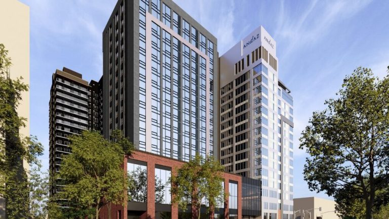 A rendering of the proposed new tower of the Andaz Ottawa ByWard Market. Image credit: Fotenn Planning + Design