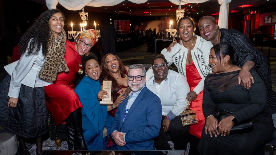 Priska Even-Hen, Paola Toussaint, Martine St-Pierre, Cassandra Auguste-Rene of Its Time Event Management, Kris Bellefontaine of Makatew Workshop, Tatiana Amisial, Barbara Alexis-Tettey, Sheyna Antoine and Sagine Edouard of Its Time Event Management celebrate after the award ceremony at the Think Ottawa Gala at the Rogers Centre in Ottawa on Feb. 12, 2026. Photo by Tia MacPherson for OBJ.