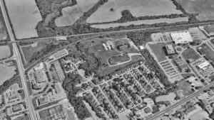 An aerial view of 1987 Robertson Rd. in Bells Corners, where a future residential project is being proposed. Image credit: The Properties Group