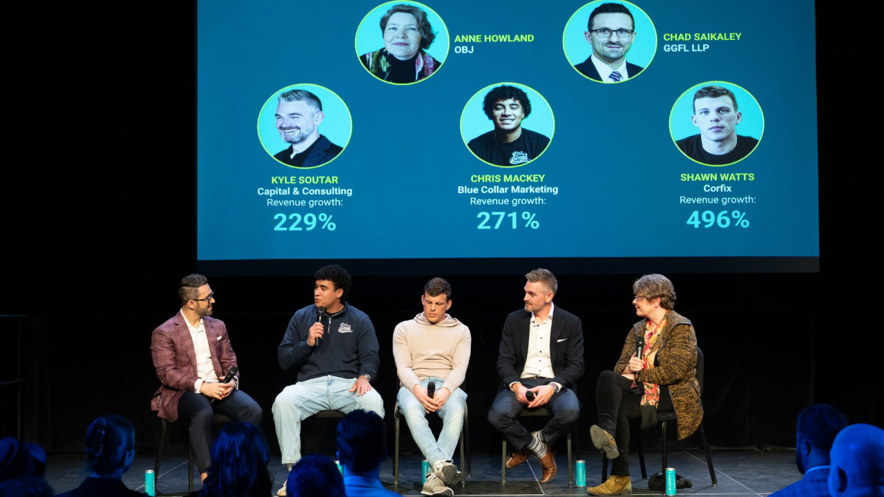 (Left to right) Chad Saikaley of GGFL, Chris Mackey of Blue Collar Marketing, Shawn Watts of Corfix, Kyle Soutar of Soutar Capital & Consulting, and Anne Howland of Ottawa Business Journal during a workshop panel at Fastest Growing Companies 2026 at the Canadian War Museum on March 10, 2026. Photo by Mark Holleron for OBJ.