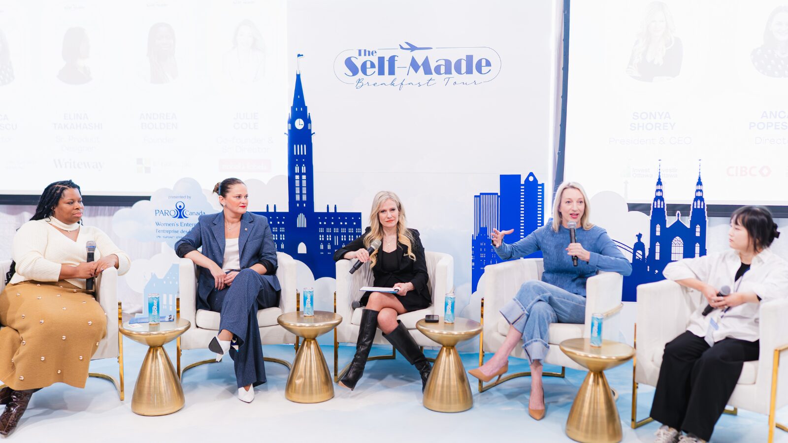 The speaking program opens with the “Money in Motion” Financial Panel powered by CIBC Business Banking and moderated by Sonya Shorey, President & CEO of Invest Ottawa (Ottawa’s main Regional Partner), featuring Anca Popescu of CIBC Business Banking (Official Financial Partner), Elina Takahashi of Writeway (Official Digital Journal Partner), Andrea Henry of IP Goldmine (Official Legal Partner), and Julie Cole (Mabel’s Labels). Together, the panel shared practical insights on financial strategy, intellectual property, purpose-driven growth, and sustainable scaling.