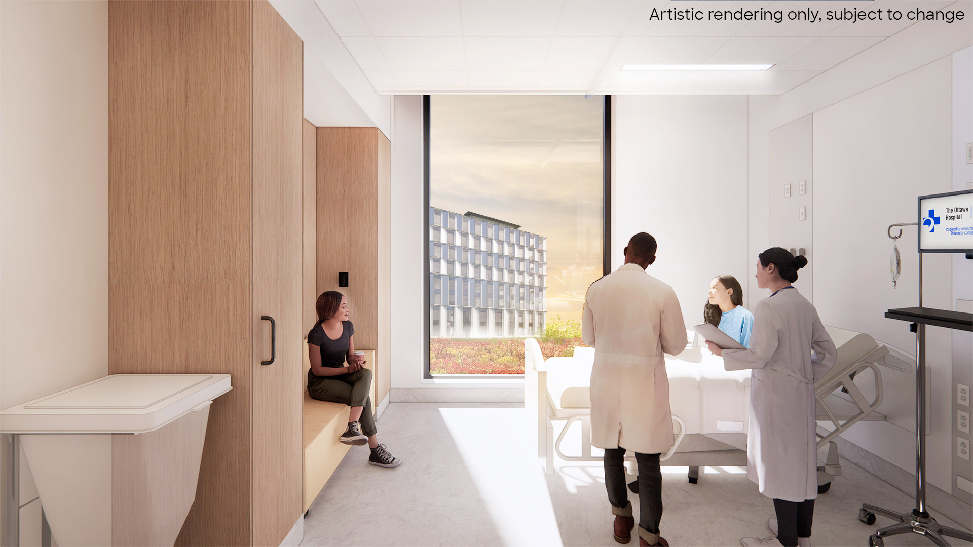 Every patient room will be private and will have space for loved ones to visit or spend the night. Floor to ceiling windows will provide a clear view to the natural surroundings and a connection to the outdoors. (Artist rendering, subject to change)