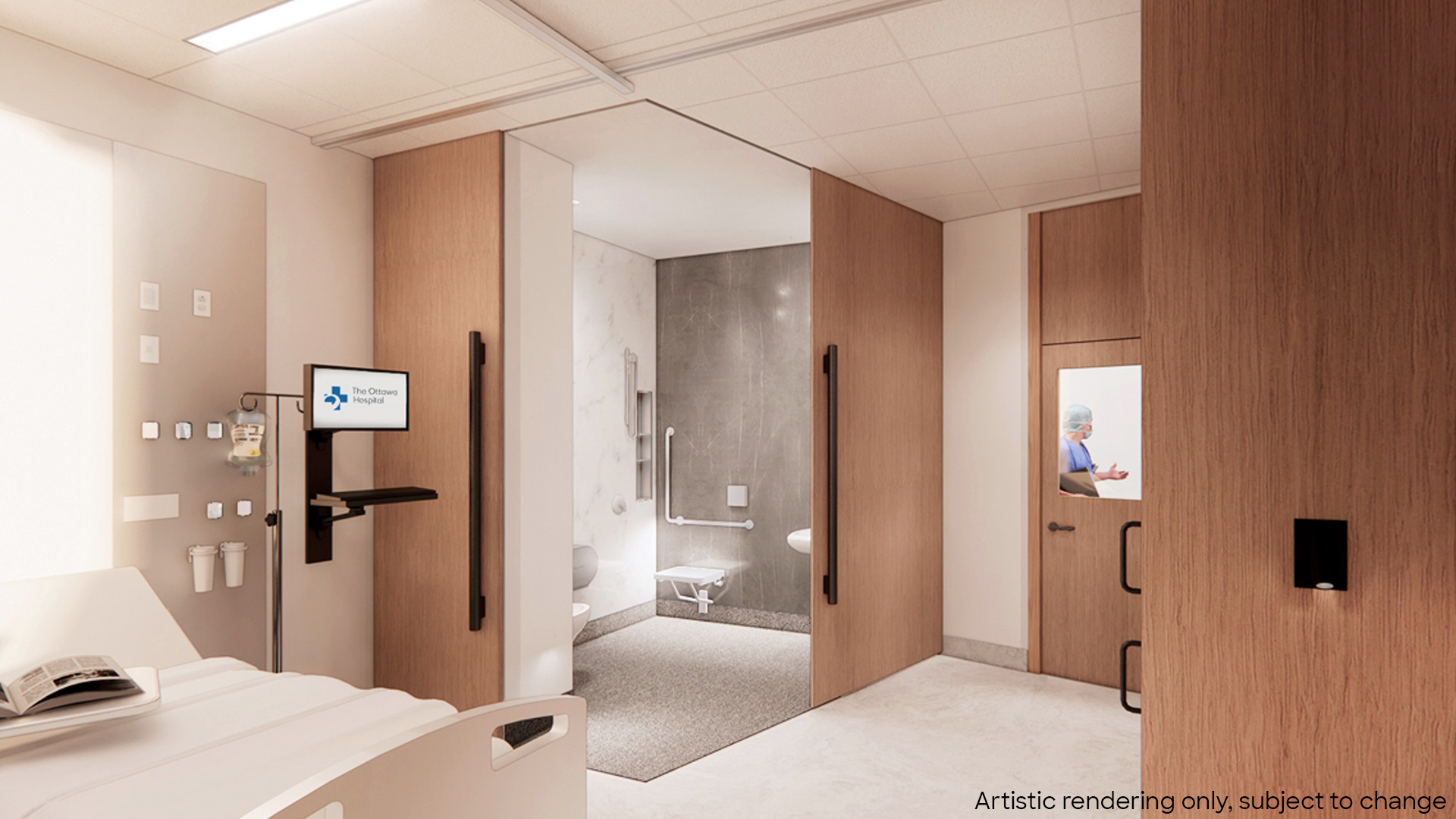 Every patient room at the new campus will be private with its own fully accessible washroom. This allows for a direct route from the bed to the toilet or the roll-in shower, which can be fully closed for privacy. (Artist rendering, subject to change)