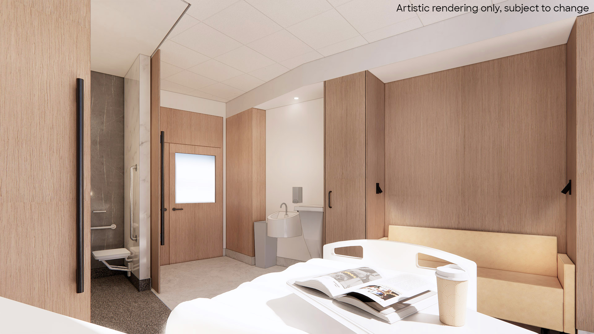 An alternate view inside the single patient rooms at the new campus. Every room will have plenty of space to allow patients or visitors who use wheelchairs or other mobility aids to move throughout the room easily. (Artist rendering, subject to change)