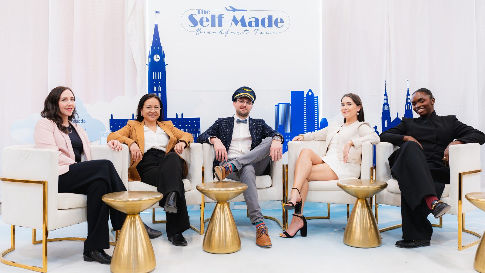 The Sinclair Creative Agency (SCA) team, the driving force behind the Self-Made Breakfast Tour, pauses for a photo: (from left to right) Ashley Hallihan (Program & Logistics Manager), Chantria Tram (Program & Partnerships Coordinator), Brandon Sinclair (VP), Anna Sinclair (Founder & CEO), and Queen Abia (Marketing & Social Media Coordinator).