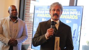 Russell Coltess (left), founder of Buildshare and Akash Sinha, president of Dharma Developments at the 2026 Ottawa Urban Infill Awards on Wednesday. Photo by Mia Jensen