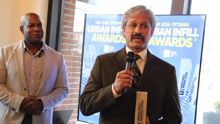 Russell Coltess (left), founder of Buildshare and Akash Sinha, president of Dharma Developments at the 2026 Ottawa Urban Infill Awards on Wednesday. Photo by Mia Jensen