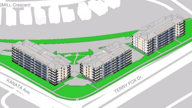 Rendering of a proposed development at 475 Terry Fox Dr. in Kanata. Image credit: Ironclad Developments