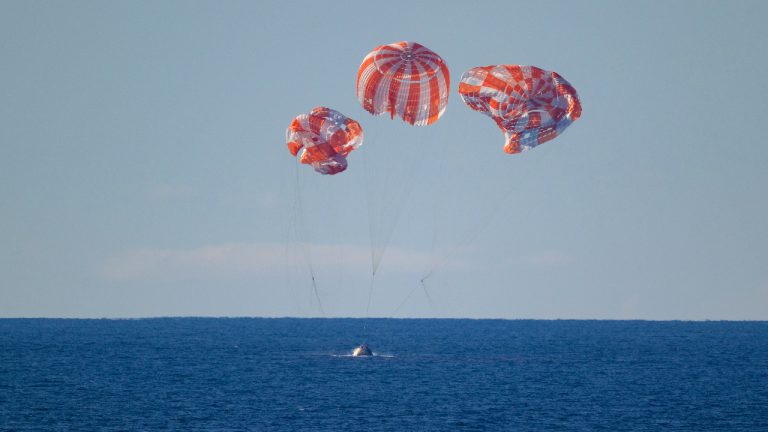 The crew of NASA's Artemis II mission land on Earth on April 10, 2026. Photo credit: NASA/Bill Ingalls.