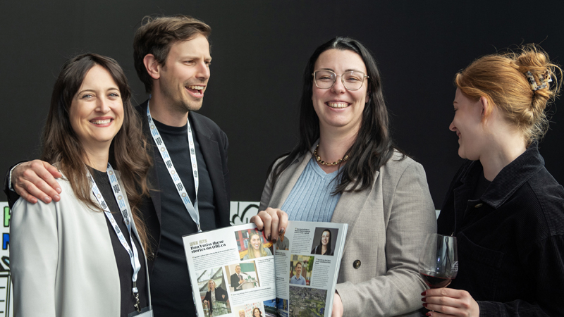Jacqueline West (Byward Market District Authority), Jerome Glad (Belleville Place Making), Victoria Williston (Byward Market District Authority) and Jeanne Matthiss (Byward Market District Authority) celebrating Victoria as the new executive director of the BMDA, at the cocktail reception, 2026 City Building Summit, Rogers Centre Ottawa, April 28, 2026. Photo by Tia MacPherson for OBJ.