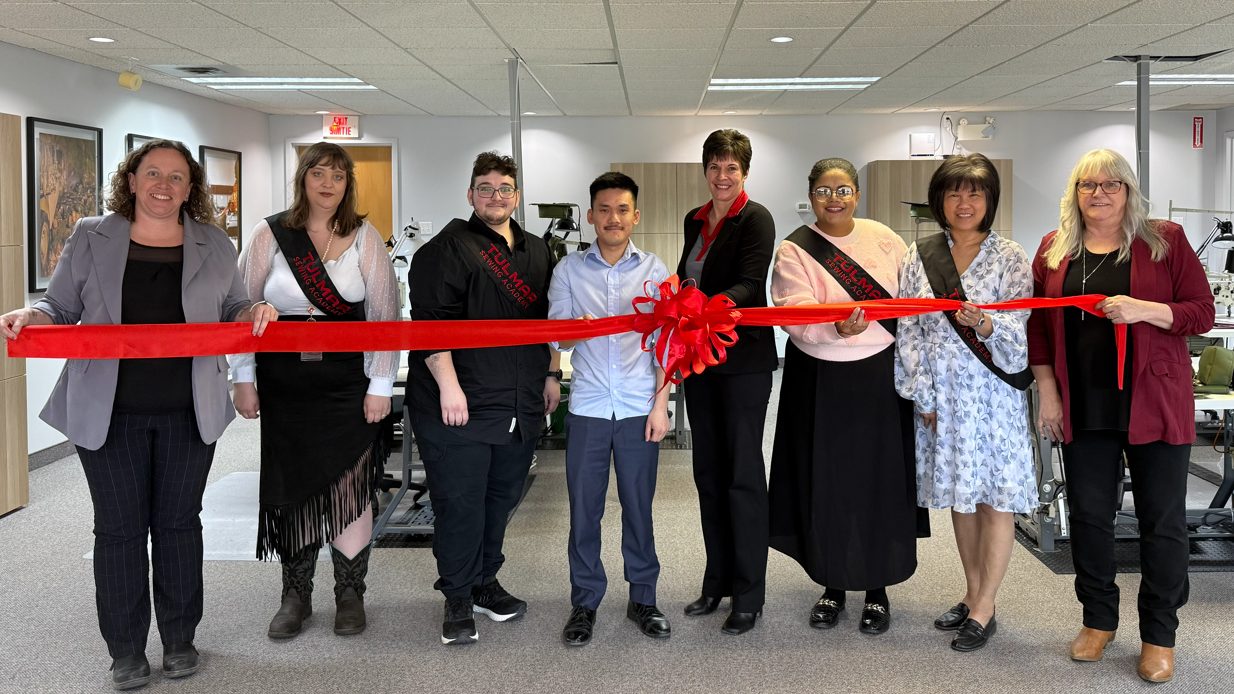 Tulmar Sewing Academy graduates with operations manager Amanda Howes (left), Darren Liew (centre left), VP operations Lori Morris, and instructor Danielle Viau (right).