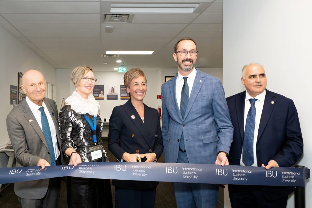 Dr. Alastair Summerlee (IBU Ottawa), Marina MacLeod (IBU Ottawa MBA student), Dr. Asima Vezina (IBU), Honourable Nolan Quinn (Ministry of Colleges, Universities, Research Excellence and Security), and MPP George Darouze (Carleton) at the grand opening of the International Business University Ottawa Campus, 979 Bank Street, Ottawa, April 30, 2026. Photo by Tetiana Dodonova.