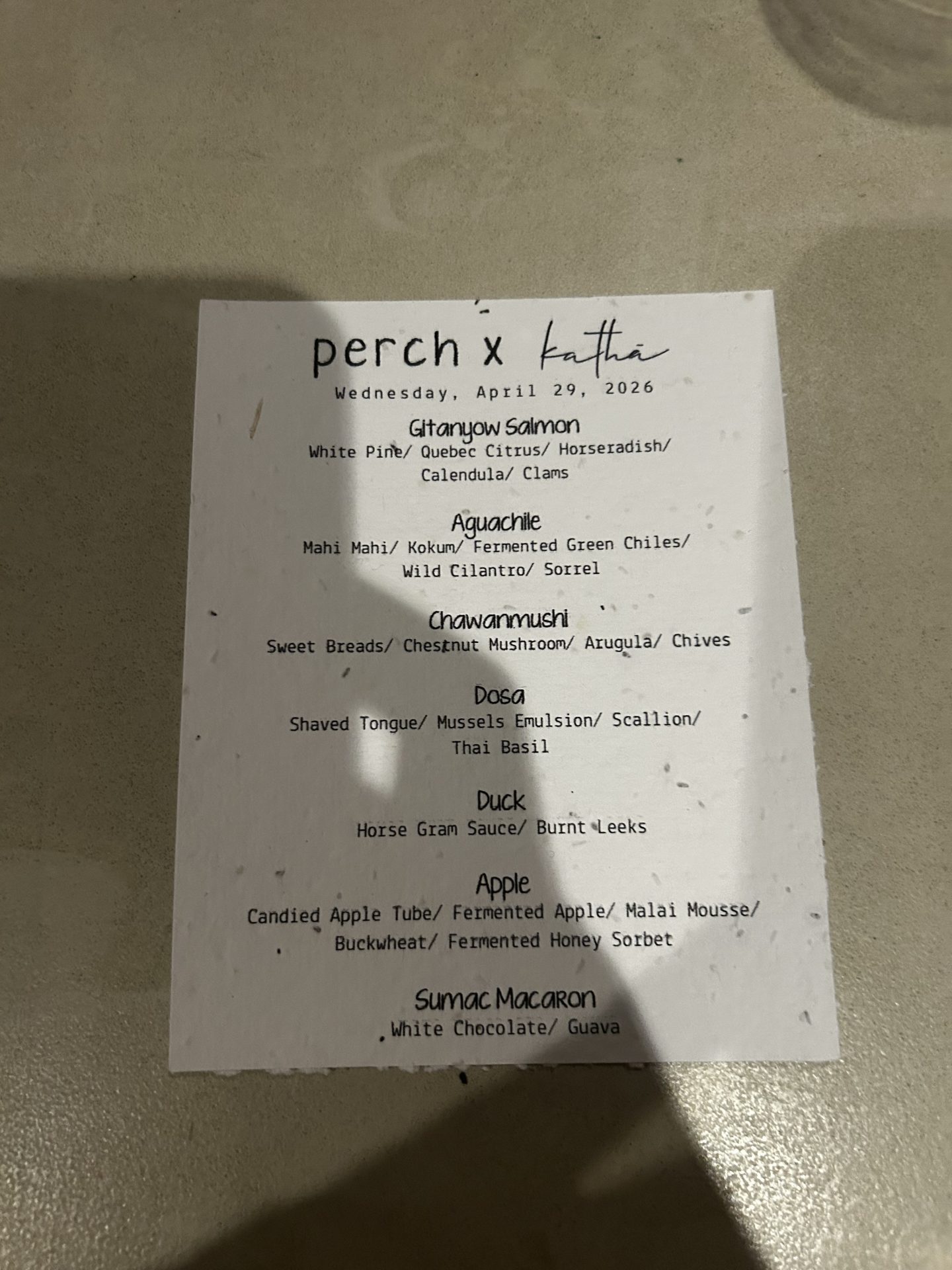 Perch x Katha menu. Photo credit: Jordan Pizzuti