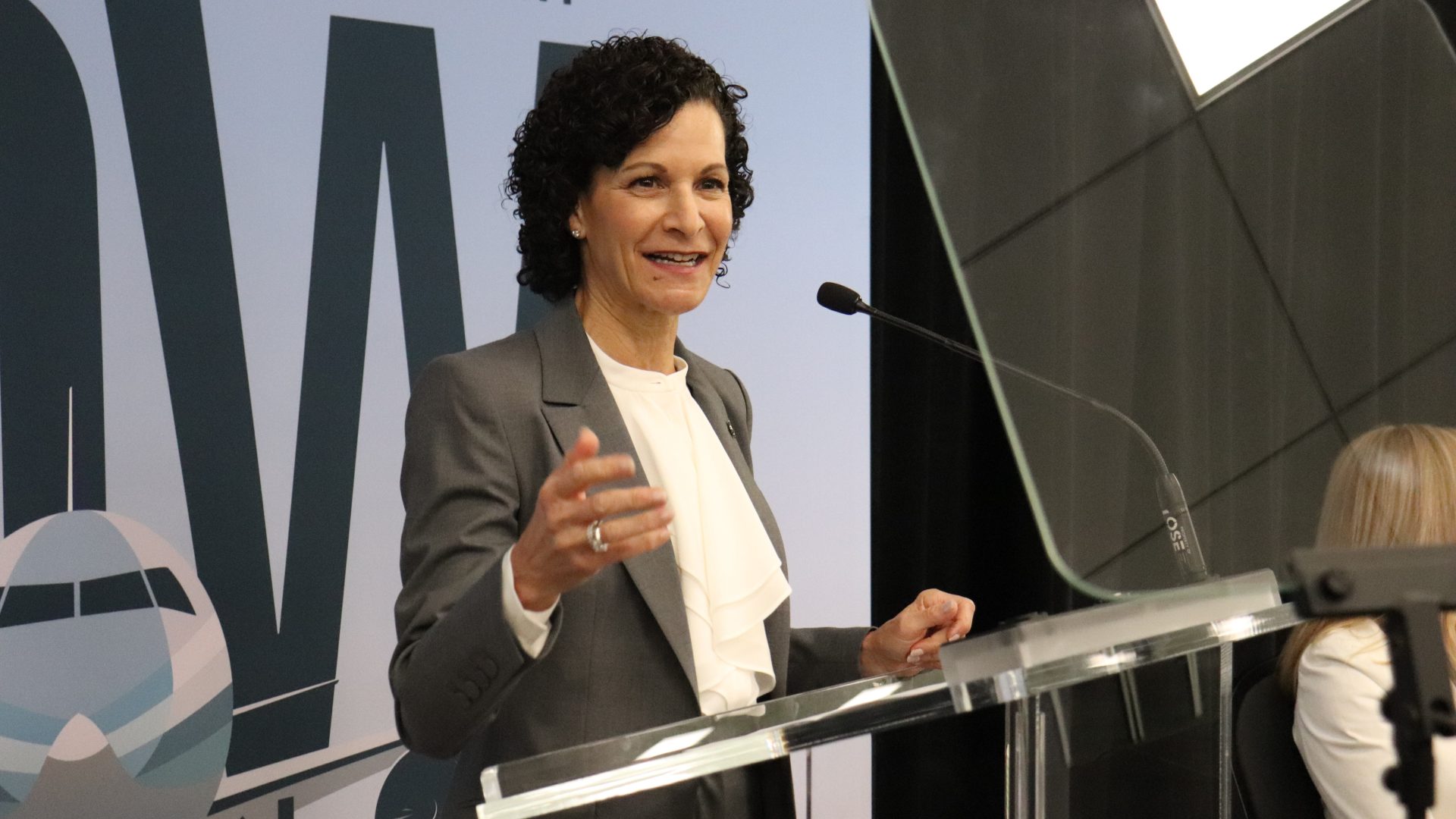 Susan Margles, president and CEO of the Ottawa International Aiport Authority, at the organization's 2026 annual public meeting. Photo by Mia Jensen