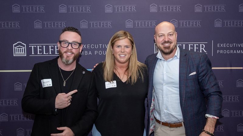 Fight for the Cure 2025 alumni Andrew Lemoine (Autocorp.ai), Jen Arbuckle (Metcalfe Realty), and Trevor Clark (Re/Max Boardwalk) at the Forty Under 40 2026 Recipients Cocktail Reception at the Telfer School of Management's Centre for Executive Leadership, May 26, 2026. Photo by Tia MacPherson-Abdulla for OBJ.