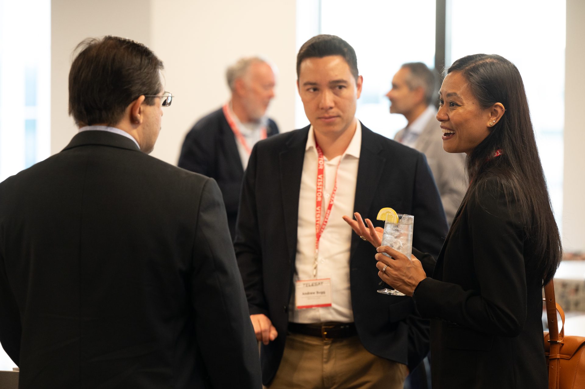 Neilda Gagne (AGI Ventures Canada) chatting with attendees at the executive dialogue on Ottawa’s economic future and innovation agenda at Telesat headquarters, 160 Elgin Street, Ottawa, May 26, 2026. Photo by Mark Holleran for OBJ