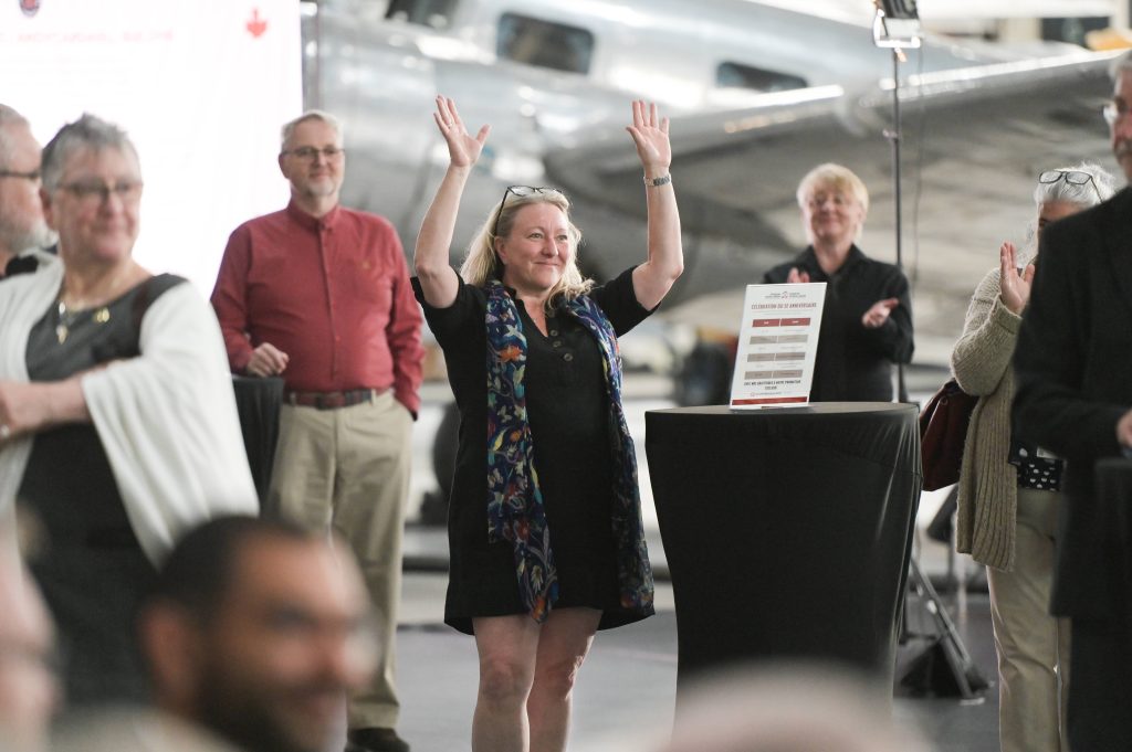 MP Mona Fortier acknowledges attendees during Veterans’ House Canada’s Andy Carswell Building 5th Anniversary celebration at the Canadian Aviation and Space Museum.