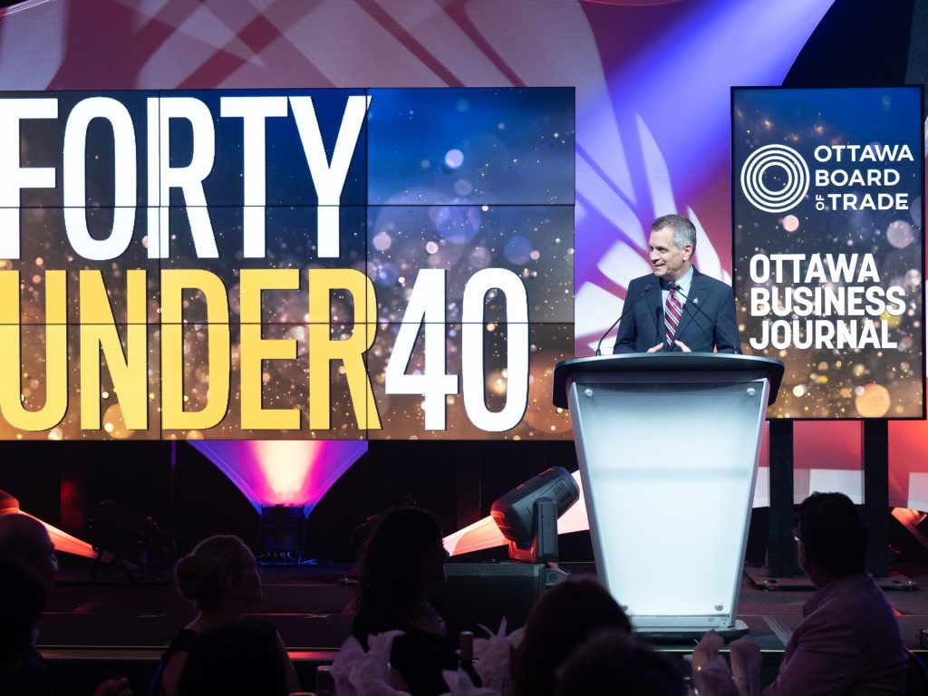 Ottawa Mayor Mark Sutcliffe, who helped found the Forty Under 40 awards in the mid-1990s, addresses attendees at the gala at Hilton Lac-Leamy, June 18, 2026. Photo by Mark Holleron for OBJ.