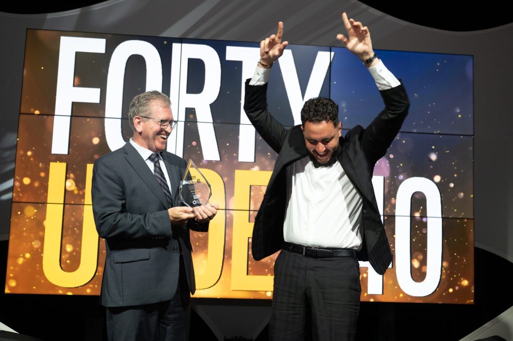 Awards sponsor Luc Filion (Consollio Financial Group) presents an award to Ramzi Salem (Westin Ottawa) at the 2026 Forty Under 40 awards gala at Hilton Lac-Leamy, June 18, 2026. Photo by Tia MacPherson-Abdulla for OBJ.