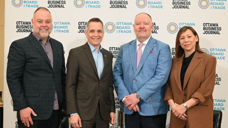 Michael Curran (Ottawa Business Journal), His Worship Mark Sutcliffe (Mayor of Ottawa), Jeffrey Maddox (Nokia Canada), Sueling Ching (Ottawa Board of Trade) at the Mayor’s Breakfast, May 14, 2026. Photo by Mark Holleran for the Ottawa Board of Trade and Ottawa Business Journal.