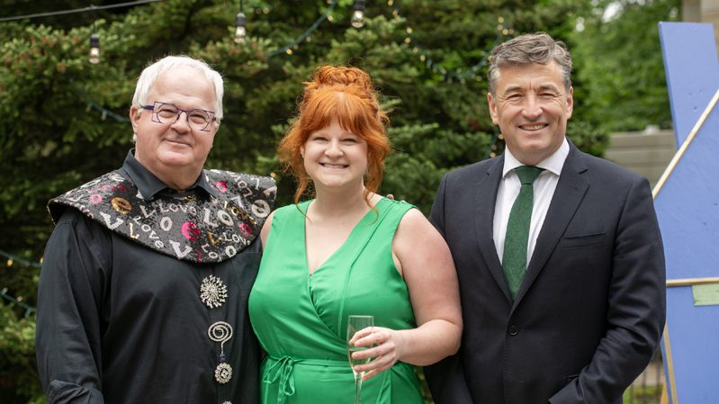 Joseph Cull (event organizer), Irish Ambassador to Canada John Concannon and Anne Marie Hopkins (Cornerstone) at A Taste of Ireland Garden Party in support of Cornerstone Housing for Women at the Irish Embassy on June 7, 2026. Photo by Tia MacPherson-Abdulla for OBJ.