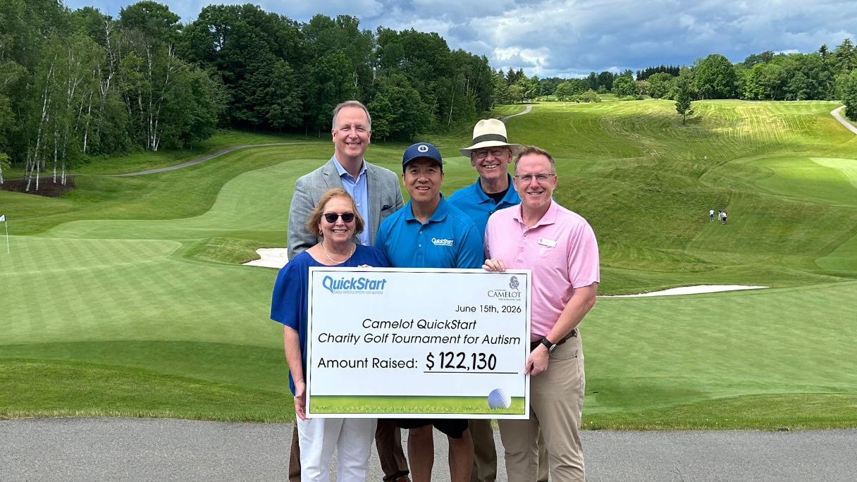 Front row, L-R: Suzanne Jacobson (QuickStart Autism), Darwin Sham (QuickStart Autism), and Tyler Fitzgerald (Camelot Golf & Country Club). Back row, L-R: Andreas Spove (Camelot Golf & Country Club) and Jake Jacobson (QuickStart Autism).