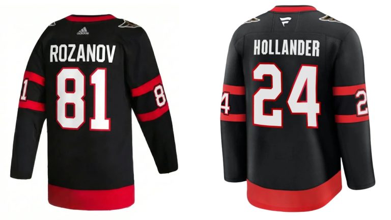 The Ottawa Senators created jerseys bearing the names of the main characters from Crave's Heated Rivalry. Photos from Ottawa Senators online store.