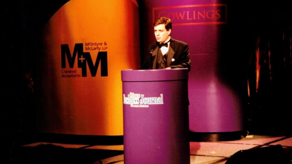 Mark Sutcliffe emcees the Forty Under 40 gala in 1999.