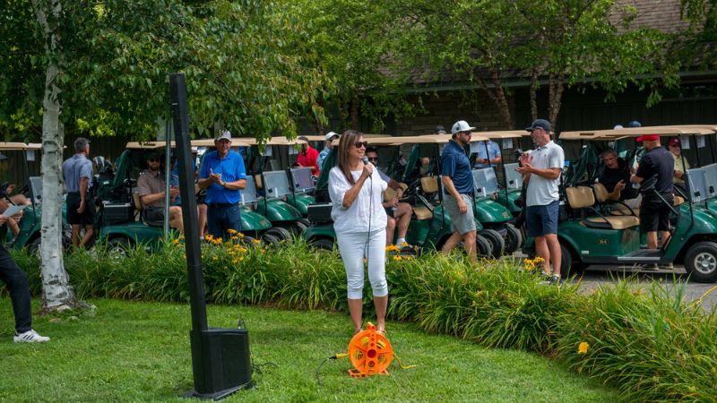 Sueling Ching (Ottawa Board of Trade) delivers opening remarks at GreyHawk Golf Club for Ottawa's Best Networking Golf Tournament, Aug. 18, 2026. Photo by Patrick Blake for the Ottawa Board of Trade and Ottawa Business Journal.