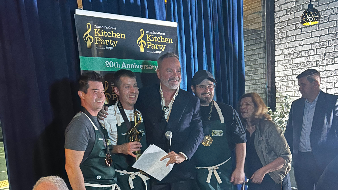 Jason Sawision of Stofa with the bronze medal, Ian Carswell of the Black Tartan Kitchen with the silver medal and Yannick La Salle with the gold medal at the 2026 Great Canadian Kitchen Party event. Photo by Jordan Pizzuti.