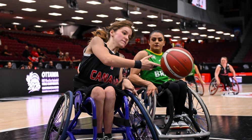 Team Canada's women's team competes against Brazil at the IWBF  Wheelchair Basketball World Championships. Photo credit: Canadian Paralympic Committee