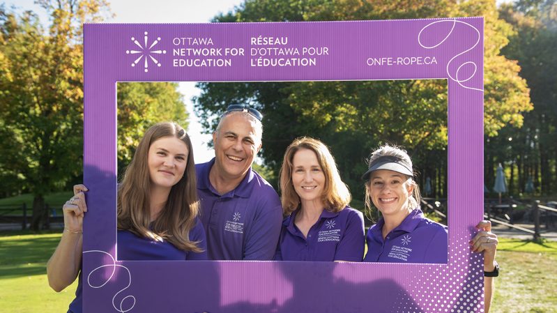 Maille Baker (at her first day on the job), Mitch Miller, Tracy Botting and Sarah McPhee of the Ottawa Network for Education (ONFE), attending for their fourth year at the Mann Lawyers/Escape Manor Fall Classic, Loch March Golf Club, Sept. 24, 2026. Photos by Tia MacPherson/Abdulla/OBJ.