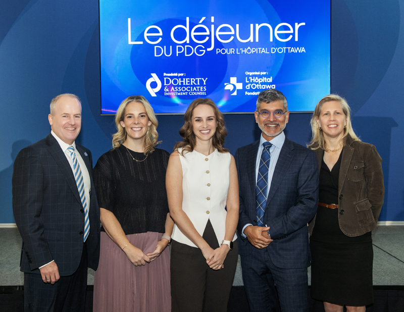 Cameron Love (The Ottawa Hospital), Dr. Teresa Flaxman (Ottawa Hospital Research Institute), Danika Fleury, Dr. Sony Singh (The Ottawa Hospital) and Dr. Rebecca Auer (The Ottawa Hospital) at The 25th President’s Breakfast in support of the Ottawa Hospital at the Rogers Centre Ottawa, Sept. 15, 2026. Photos by Tia MacPherson-Abdulla/OBJ.