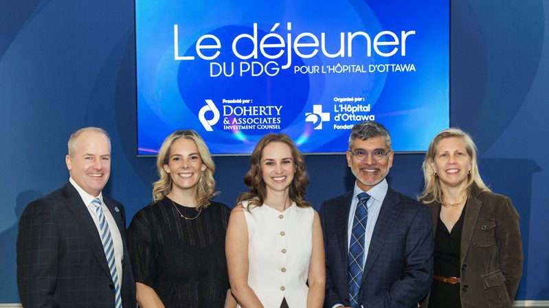 Cameron Love (The Ottawa Hospital), Dr. Teresa Flaxman (Ottawa Hospital Research Institute), Danika Fleury, Dr. Sony Singh (The Ottawa Hospital) and Dr. Rebecca Auer (The Ottawa Hospital) at the 25th President’s Breakfast at the Rogers Centre, Sept. 15, 2026. Photos by Tia MacPherson-Abdulla/OBJ.